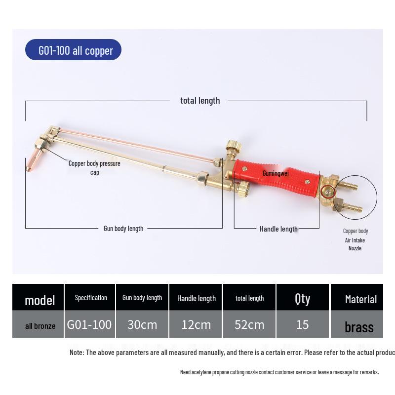 Industrial Grade All-Copper Stainless Steel Cutting Torch - No Backfire, Compatible with Oxygen, Acetylene, Propane.