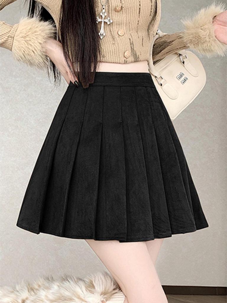 Coffee Maillard Suede A-line Pleated Skirt - Women's Autumn/Winter Petite Leather-look Skirt