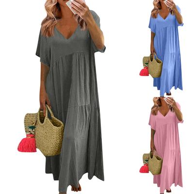 Moda feminina verão com decote em v cor sólida tamanho grande solto longo grande balanço vestido de manga curta