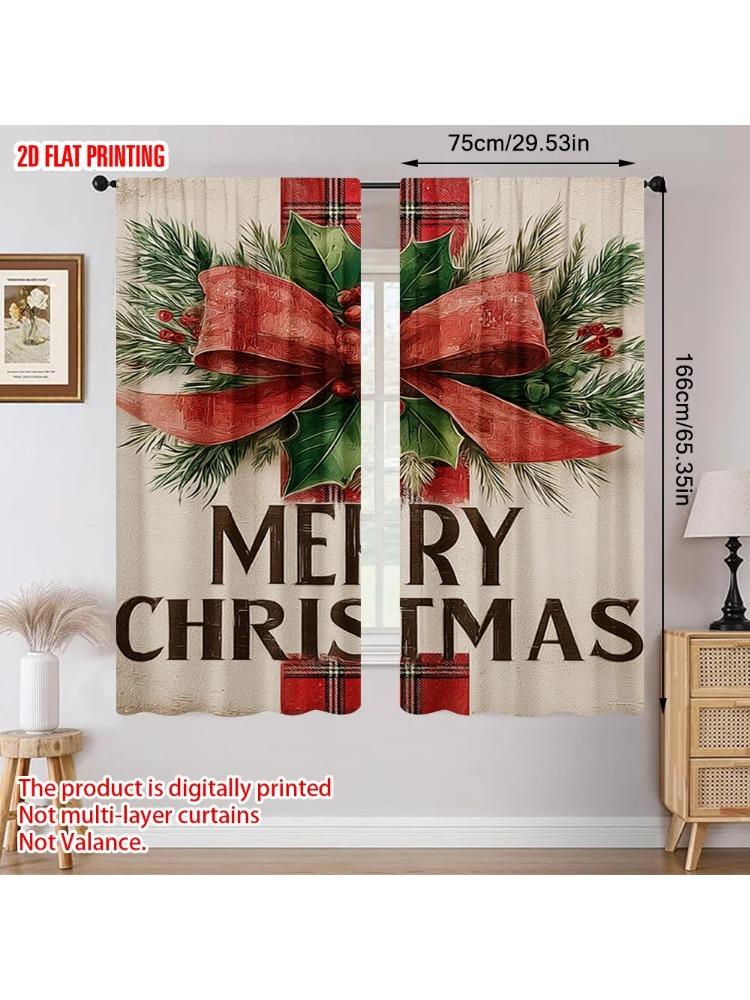 

Set Of 2 Plane Printing Popular Curtains Festive Pine Berries Red Bow Polyester Without Rod Decorations Outdoor Curtain Made W100*H70(CM)-Rod Pocket&2PCS