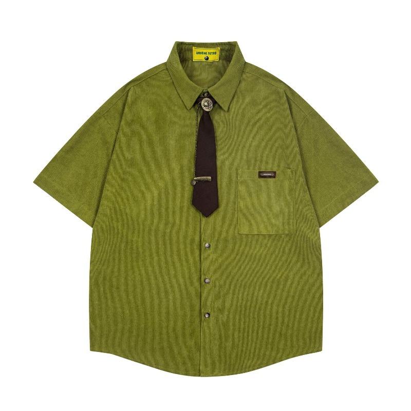Japanese Retro Summer Corduroy Textured Fake Tie Shirt Men's and Women's Short-sleeved Niche Design College Style Shirt