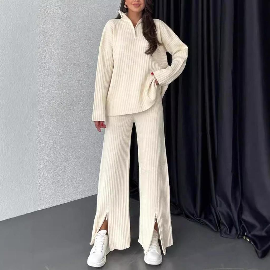 Spring 2025 Women's Solid Color Zippered Knit Set: High Neck Ribbed Loungewear Two-Piece