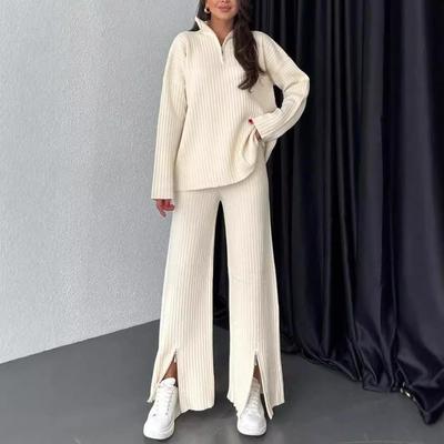 Frühling 2025 Damen Strickset mit Reißverschluss, einfarbig: Zweiteiliges Loungewear-Set mit Rippstrick und hohem Kragen
