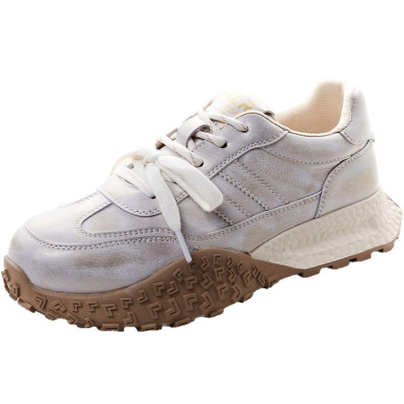 Women's 2025 Spring Retro White Leather Sneakers: Versatile, Lightweight, Thick-Soled "Forrest Gump" Style