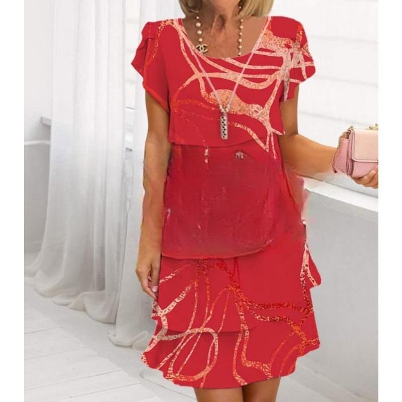 VEZFAA Women's Fashion Summer Spring Flower Pattern Print Short Sleeve O-Neck Loose Waistline Casual Dresses