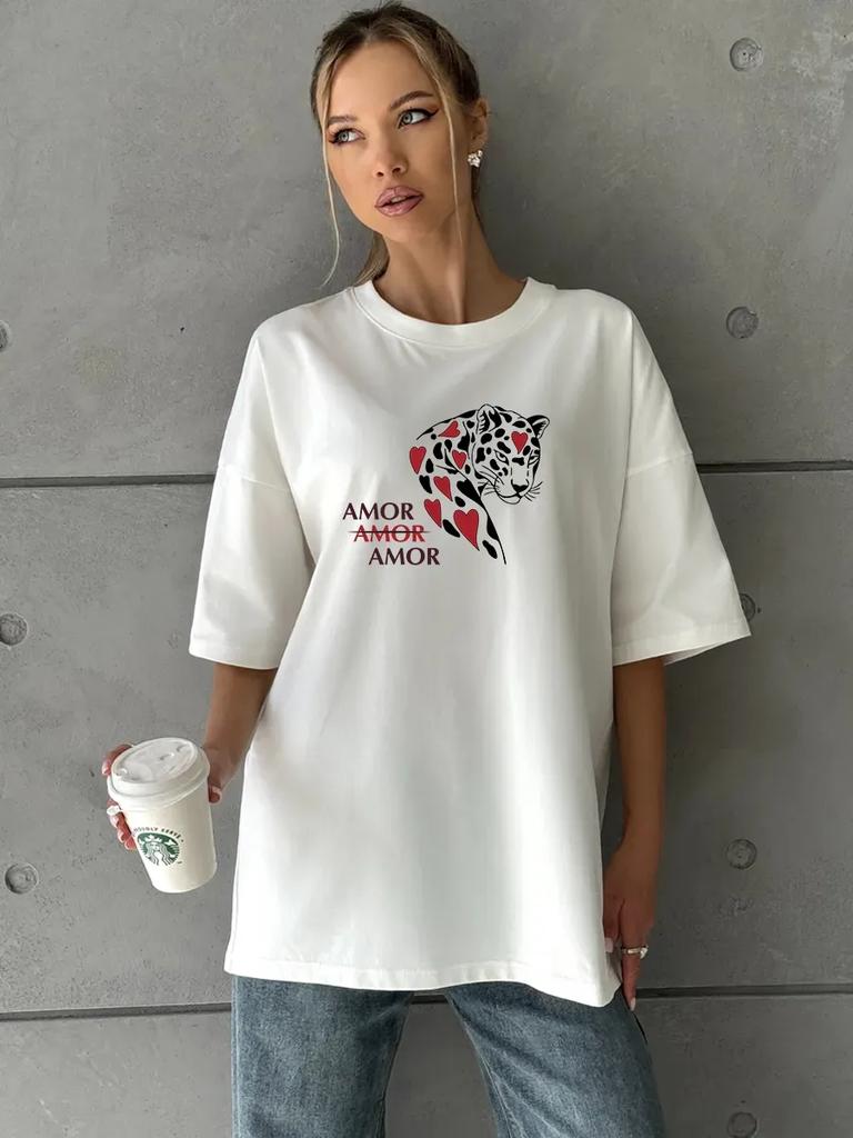 Thick Milky Oversized T-Shirt with Leo Print