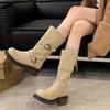 Autumn New Mid-Tube Boots Fashion Round Toe Sleeve Metal Buckle Platform Non-Slip Block Heel Single Shoes