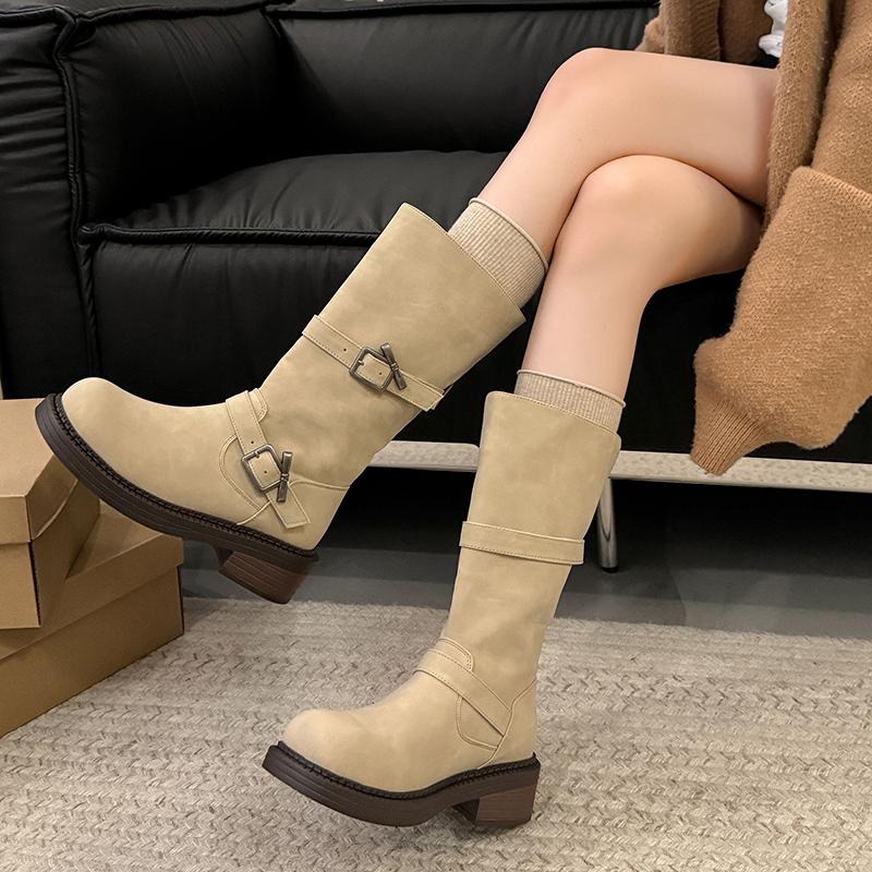 Autumn New Mid-Tube Boots Fashion Round Toe Sleeve Metal Buckle Platform Non-Slip Block Heel Single Shoes