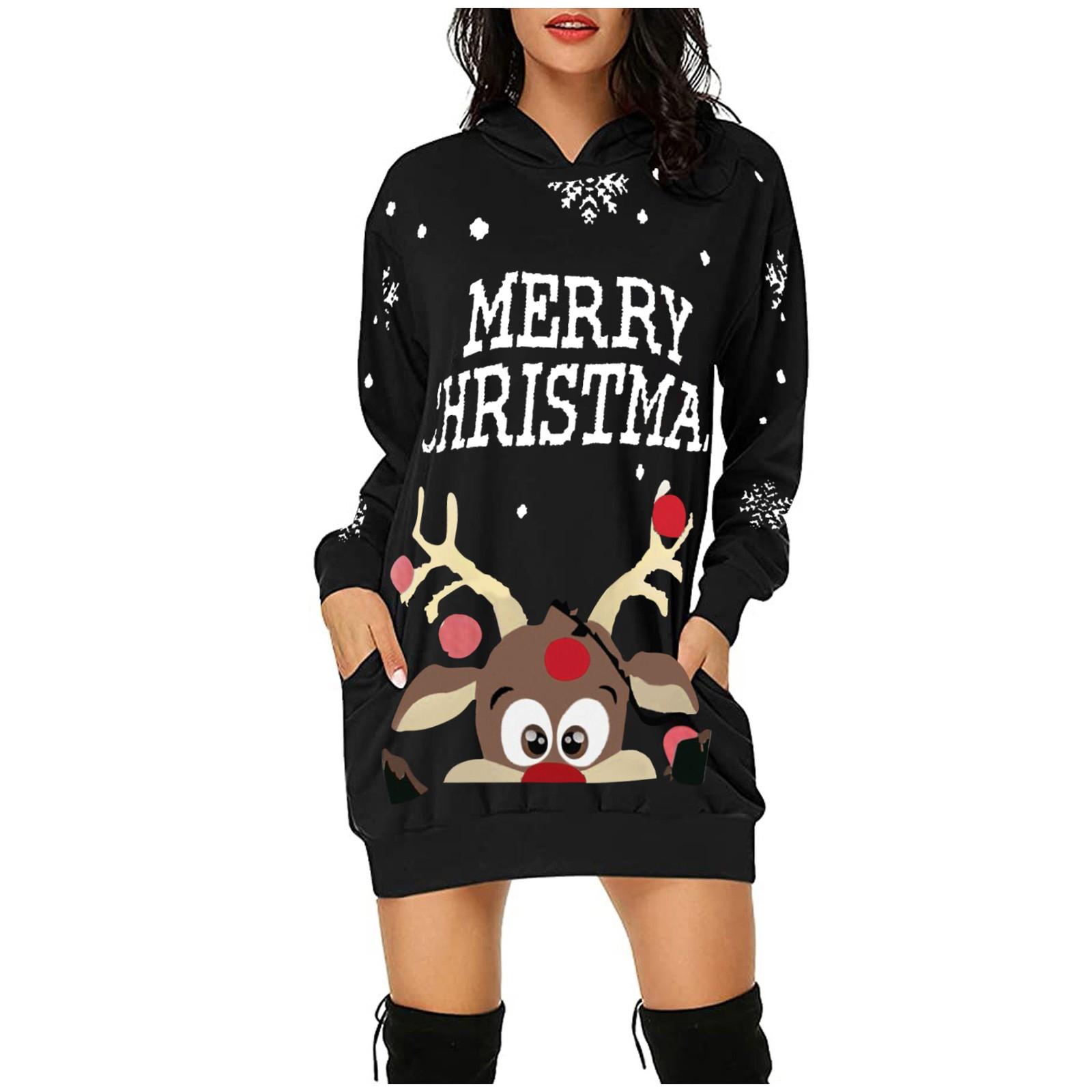 

(SU)Женская толстовка средней длины с карманом и капюшоном с рождественским принтом и длинными рукавами L коричневый