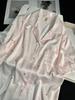 Summer and Autumn Ice Silk Pink Satin Short Sleeve Shorts Pajamas Fresh Women's Loungewear Simple Fashion Printed