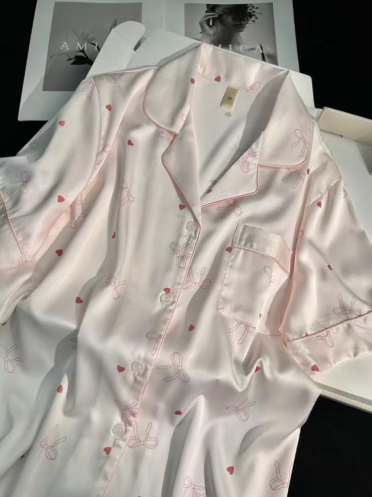 Summer and Autumn Ice Silk Pink Satin Short Sleeve Shorts Pajamas Fresh Women's Loungewear Simple Fashion Printed