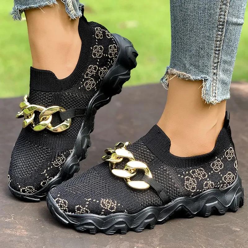 Fashion Metal Chain Decor Flat Vulcanize Shoes Women Print Mesh Hollow Out Thick Sole Sneakers Plus Size Comfort Breathable Sports Shoes