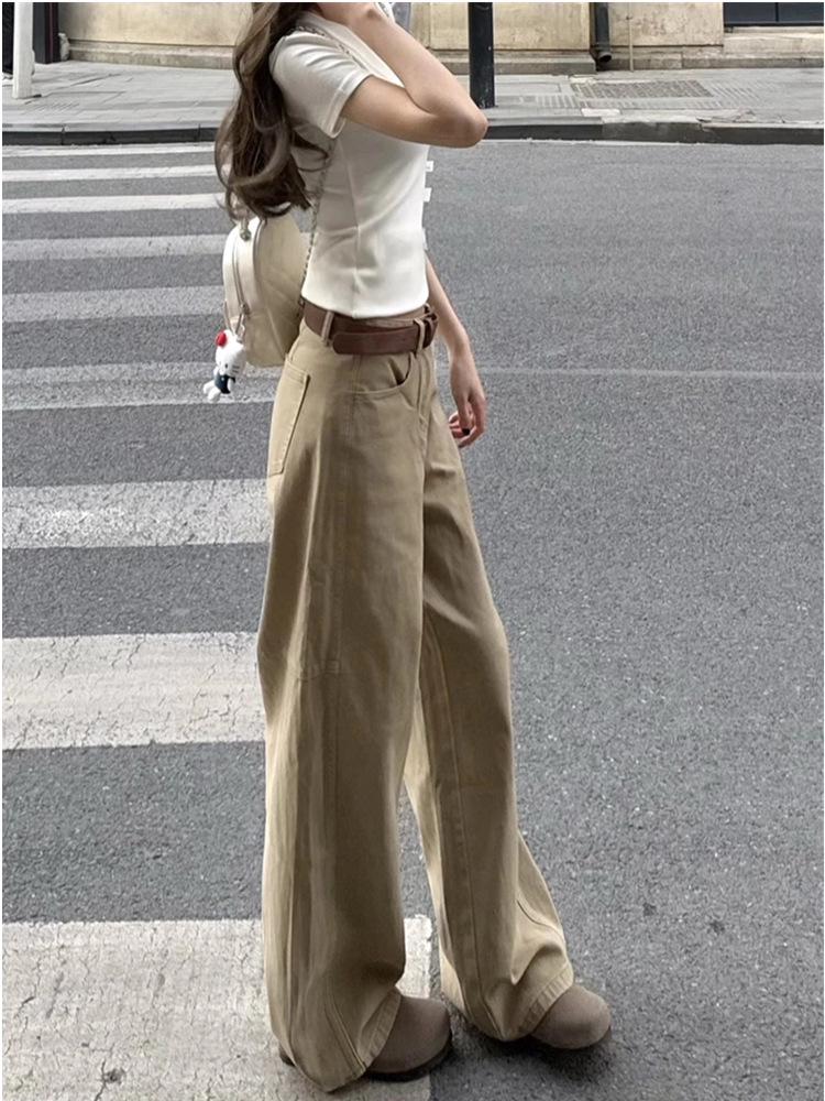 Petite Korean Style High-Waisted Khaki Wide-Leg Jeans for Women - Slimming, Loose, Casual, Straight Long Pants for Summer