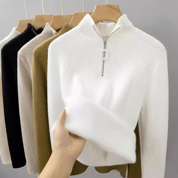 Women's Autumn and Winter Sweaters, Versatile Zipper Knitted Bottoming Shirt, Half Turtleneck, Velvet Thickened Top, Inner Sweater
