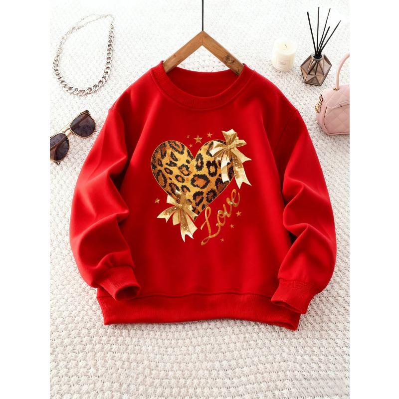 Unisex Crew Neck Sweatshirt with Leopard Print Heart and Bow Decoration , Long Sleeve, Casual Style, Perfect for Camping and Parties
