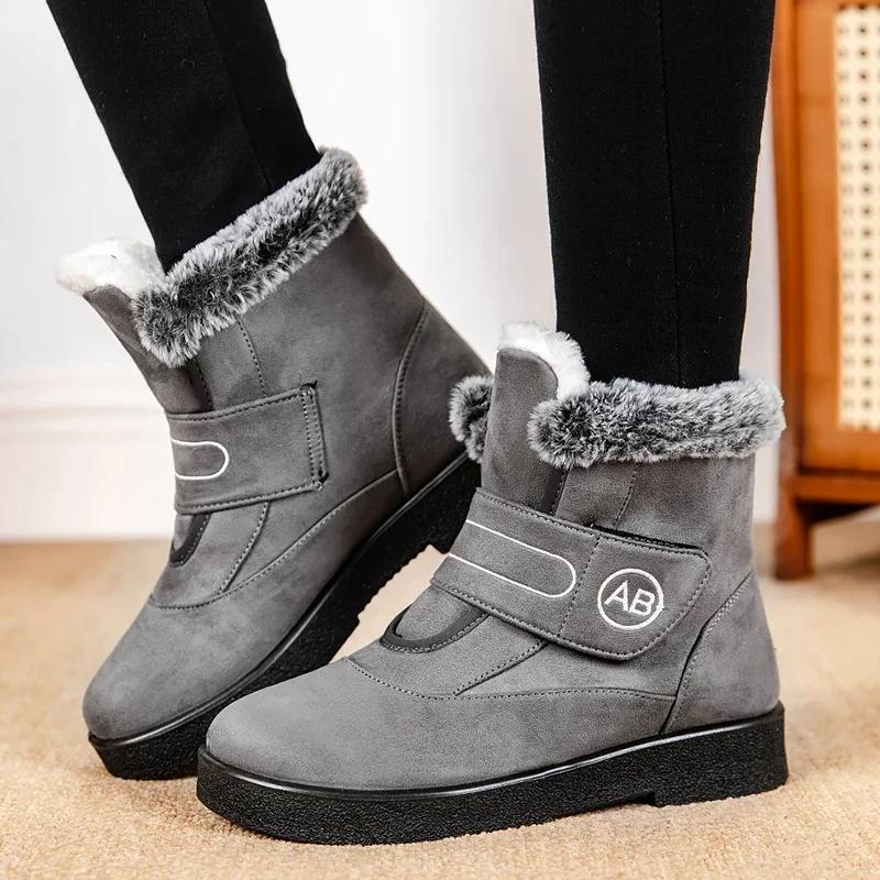 Fashion Thick Plush Warm Ankle Boots for Women Winter 2024 Flat Heels Non Slip Cotton Padded Shoes Woman Hook Loop Faux Fur Snow Boots