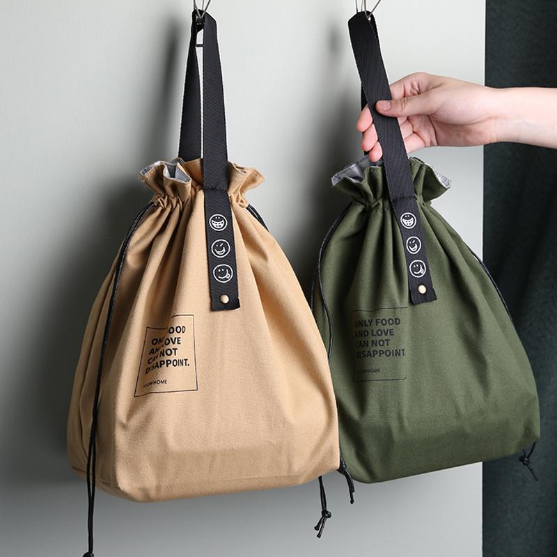 Bento Lunch Bag Wide Mouth Canvas Drawstring Food Carrier For School Picnic Camping Kitchen Essentials Thermal Storage Bag
