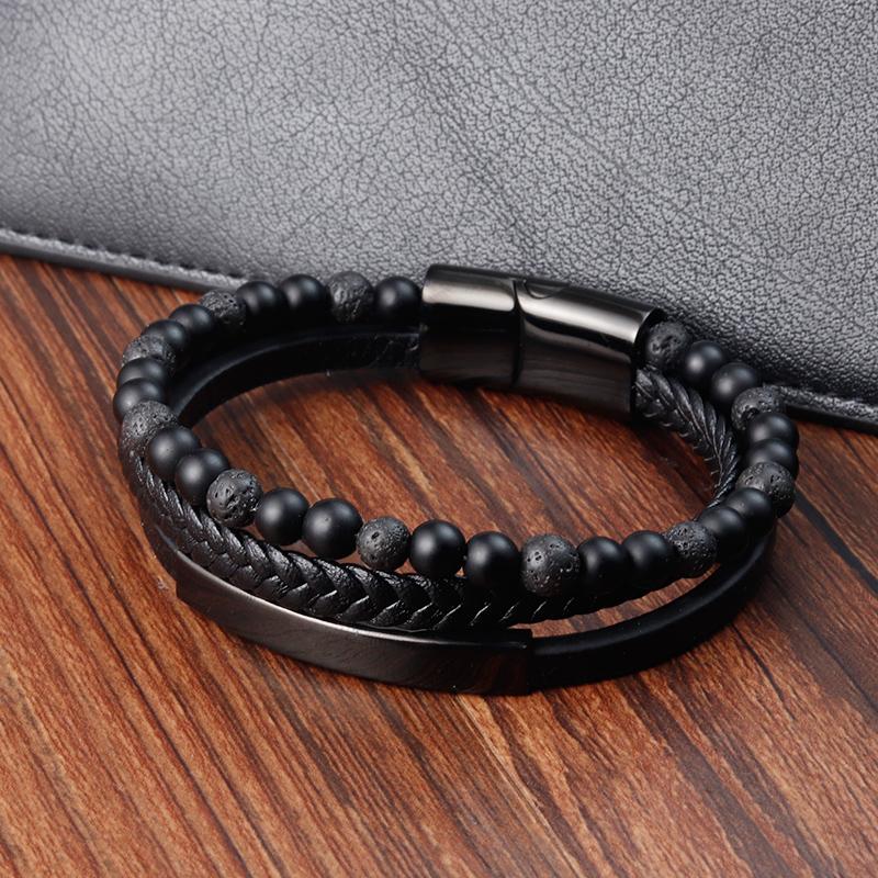 Fashion Natural Stone Beads Men Bracelet Multilayer Leather Bracelet Punk Jewelry Stainless Steel Magnetic Clasp Bangles
