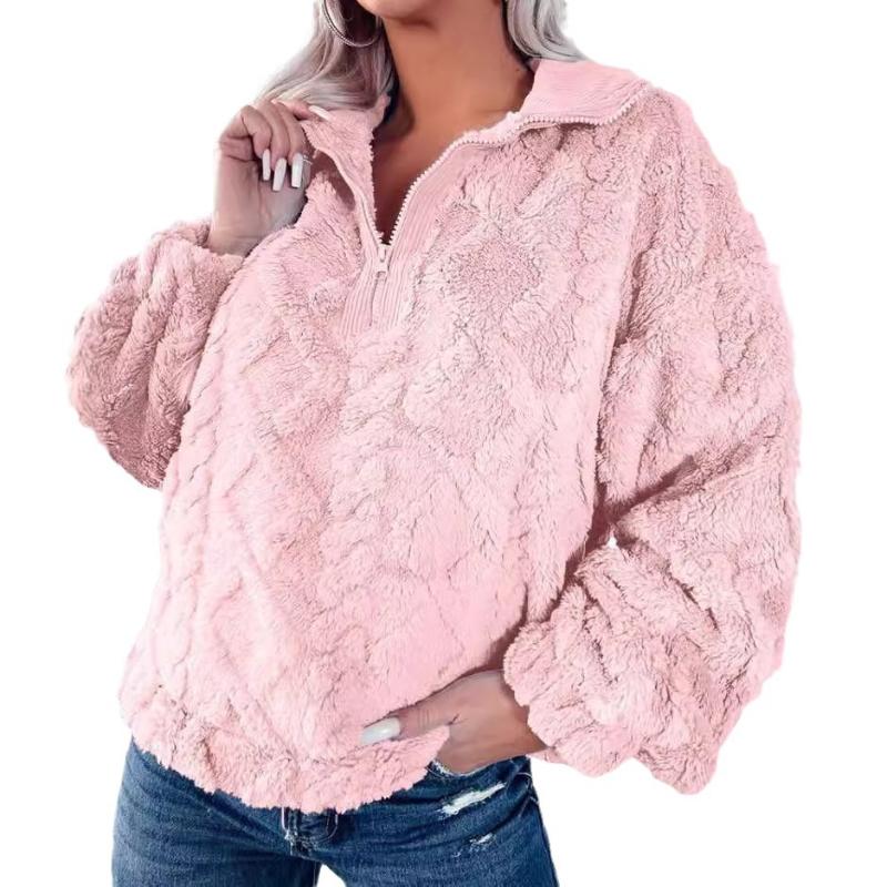 New Autumn Winter Simple Solid Color Half Zipper Stand Collar Loose Plush Pullover