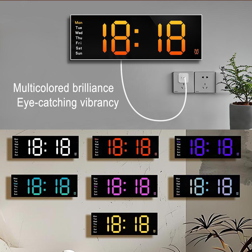 LED Wall Clock Digital Alarm Clock with Remote Control Night Light Mood Lighting for Living Room Classroom Office Home Decor