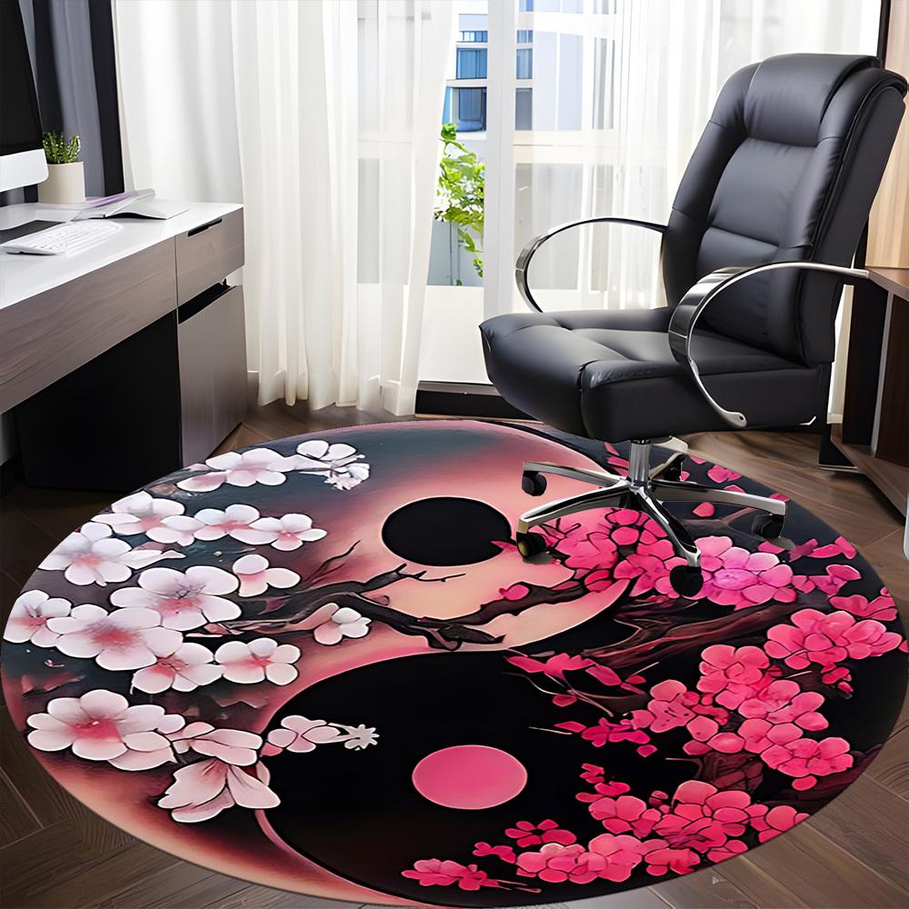 1PC Cherry Blossom Yin Yang Office Round Rug, Non slip, Soft and Durable Office Rug for Interior Decoration, Perfect for Office