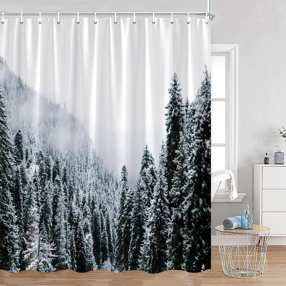 Mist Forest Shower Curtain Snow-capped Pines Nature Landscape Simple Bathroom Decorative Modern Polyester Shower Curtain