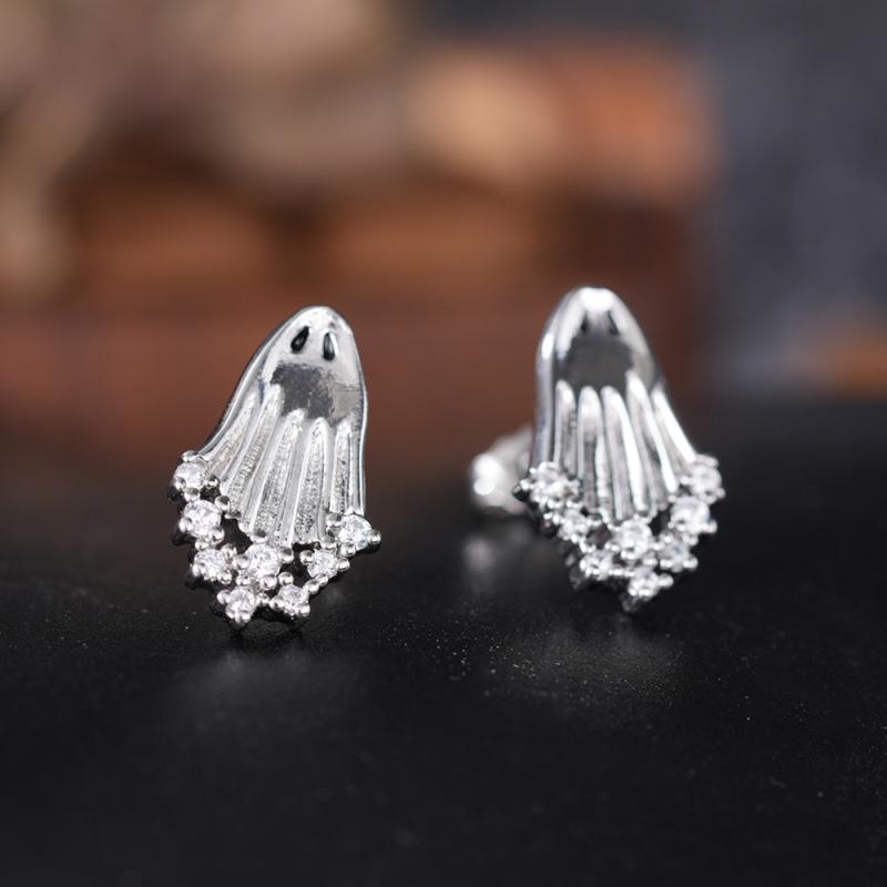 Huitan Halloween Stud Earrings Ghost Design Cute Festival Silver Color Jewelry Inlaid Shiny CZ Spooky Party Accessories Gift