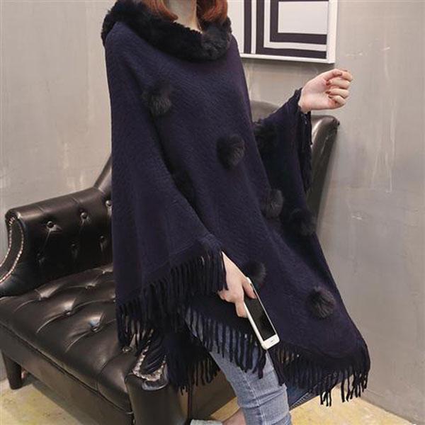 Women's Loose Sweater Outer Wear Fur Collar Batwing Sweater Hand-woven Tassel Cloak Knit Shawl Autumn Winter