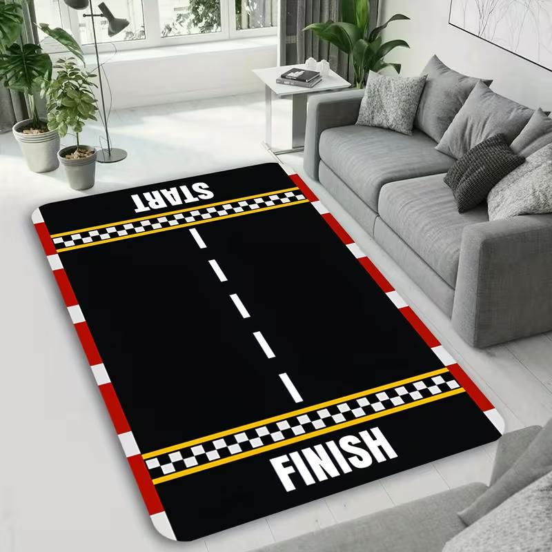 Funny Racing Themed Area Rug Race Track Checkered Pattern Soft Non-Slip Mat Fun Game Carpet for Bedroom  Living Room