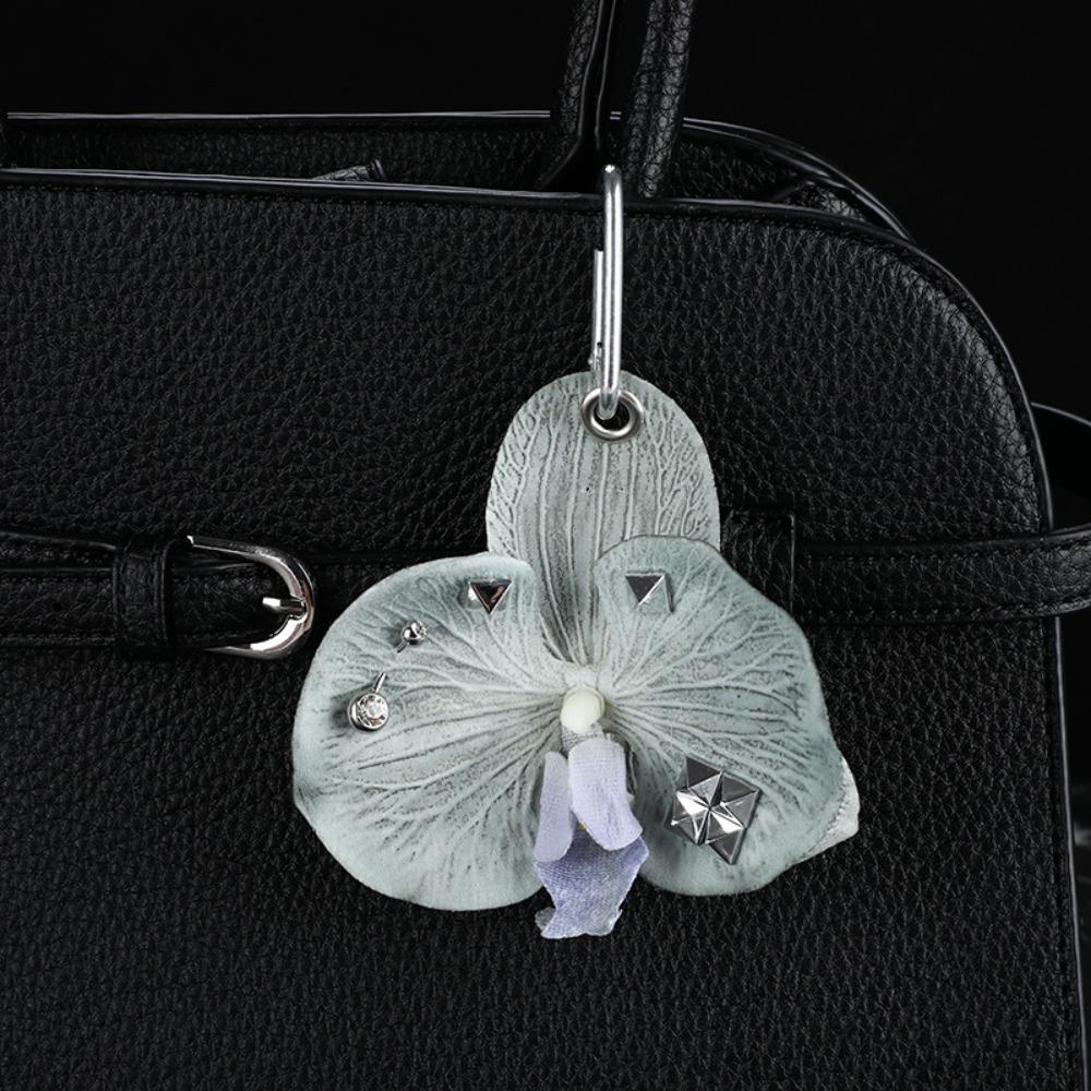 Leaves Phalaenopsis Orchid Keychain Puncture Rivet Bag Pendant Women Girls
