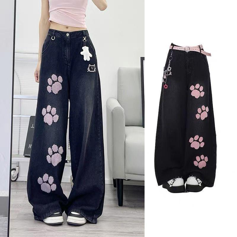 Women s High-Waisted Pink Embroidered Wide-Leg Jeans L