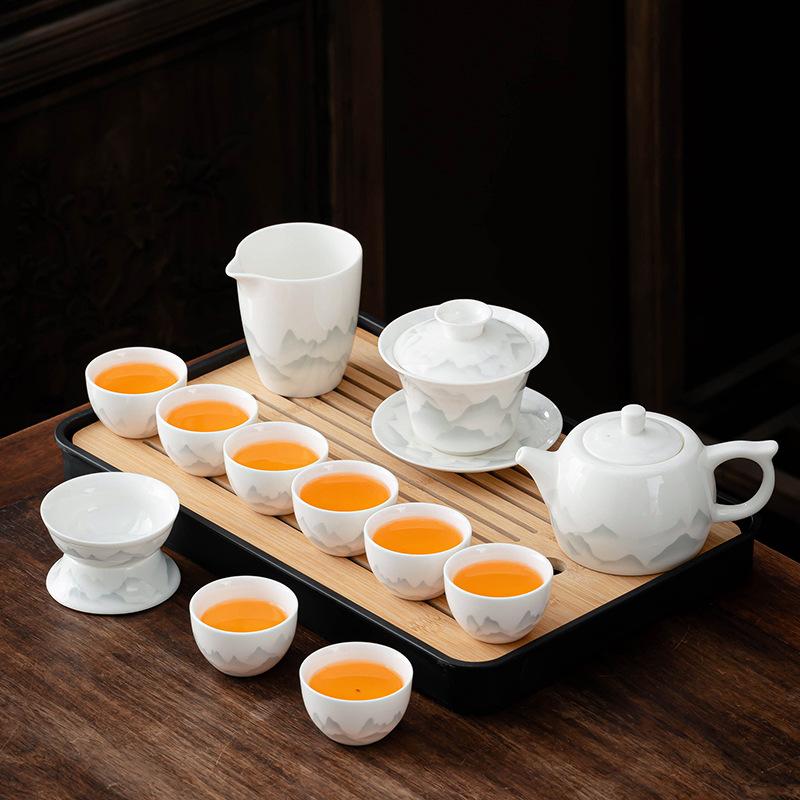Ink landscape white porcelain tea set full set suet jade home office teapot