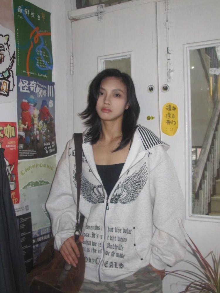 2000s Retro Vintage Sweatshirt Women Clothes White Print Tunic Hooded Y2k Coat Streetwear Fashion Casual Hoodies Tops Ropa Mujer