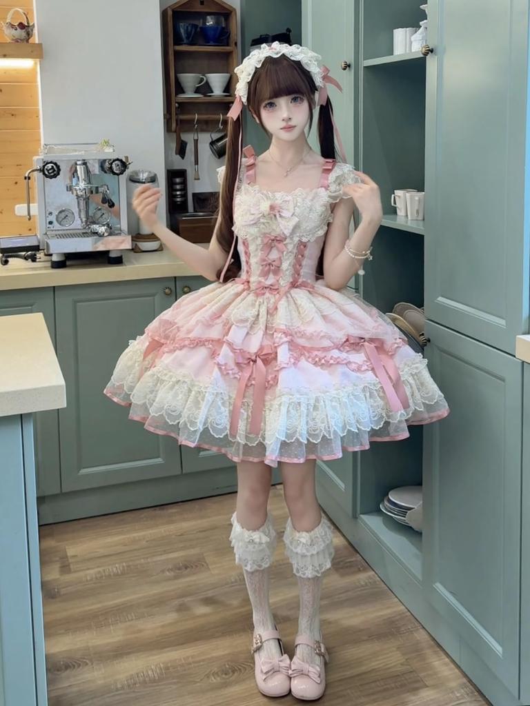 Jundakara Lolita Cosplay Costume JSK Dress with and French Mori Princess Korean Size L 3-Piece Set, Ribbon, Ruffles, Lace-Up Detail, Cute, Dreamy,
