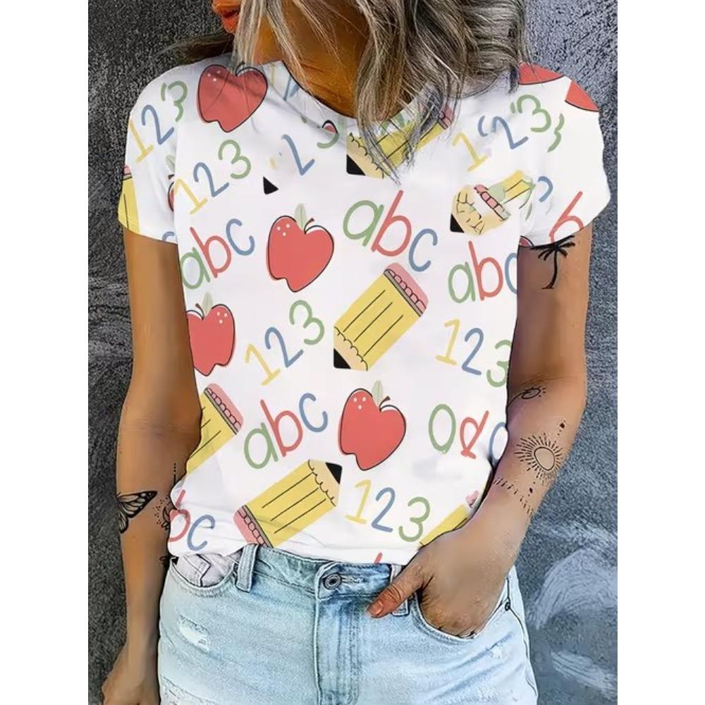 Fashion Women Whimsical Graffiti Print T Shirt Funny Casual O-neck Short Sleeves T-shirt Summer Female Tee Shirt