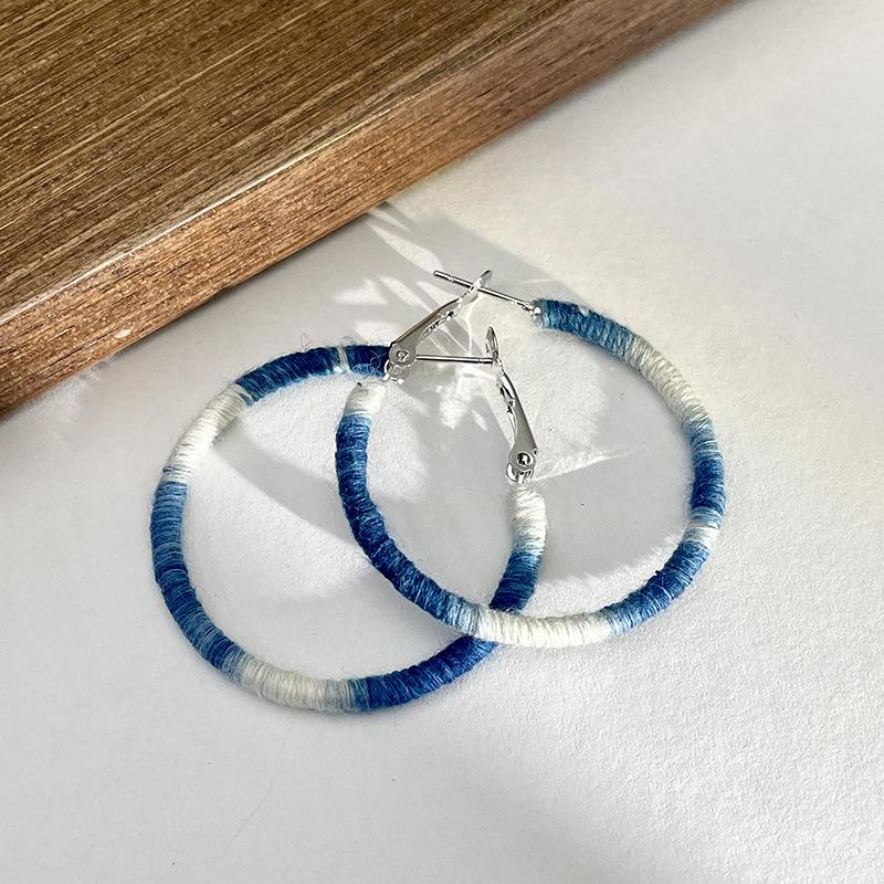 

Градиентные синие серьги-кольца из хлопка ручной работы - Винтажные минималистичные китайские серьги-подвески для женщин
