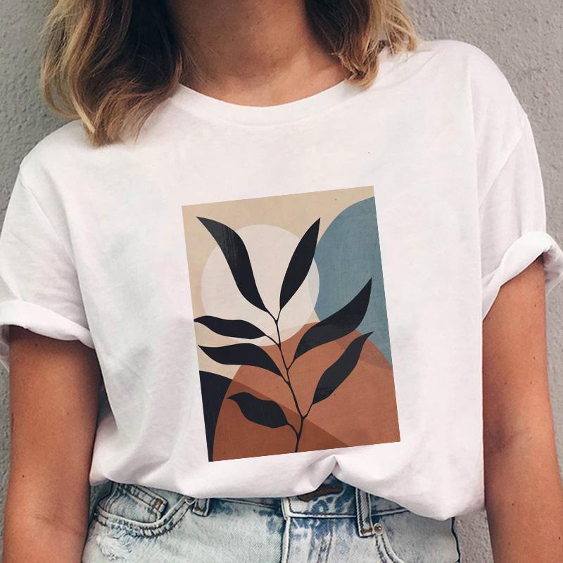 

Womens Tshirt Casual Fashion Short Sleeve Ladies T-Shirt Cartoon Leaf Print Women T-Shirt Kawaii Round Neck Female Tee Shirt S білий
