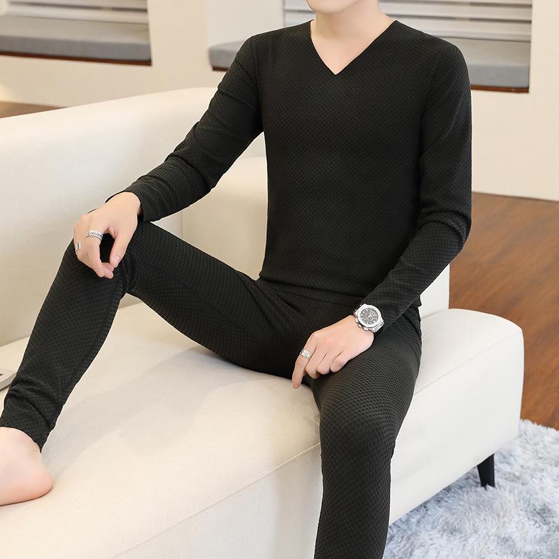 Men's Seamless Thermal Underwear Set - Thin Plaid V-Neck for Autumn/Winter