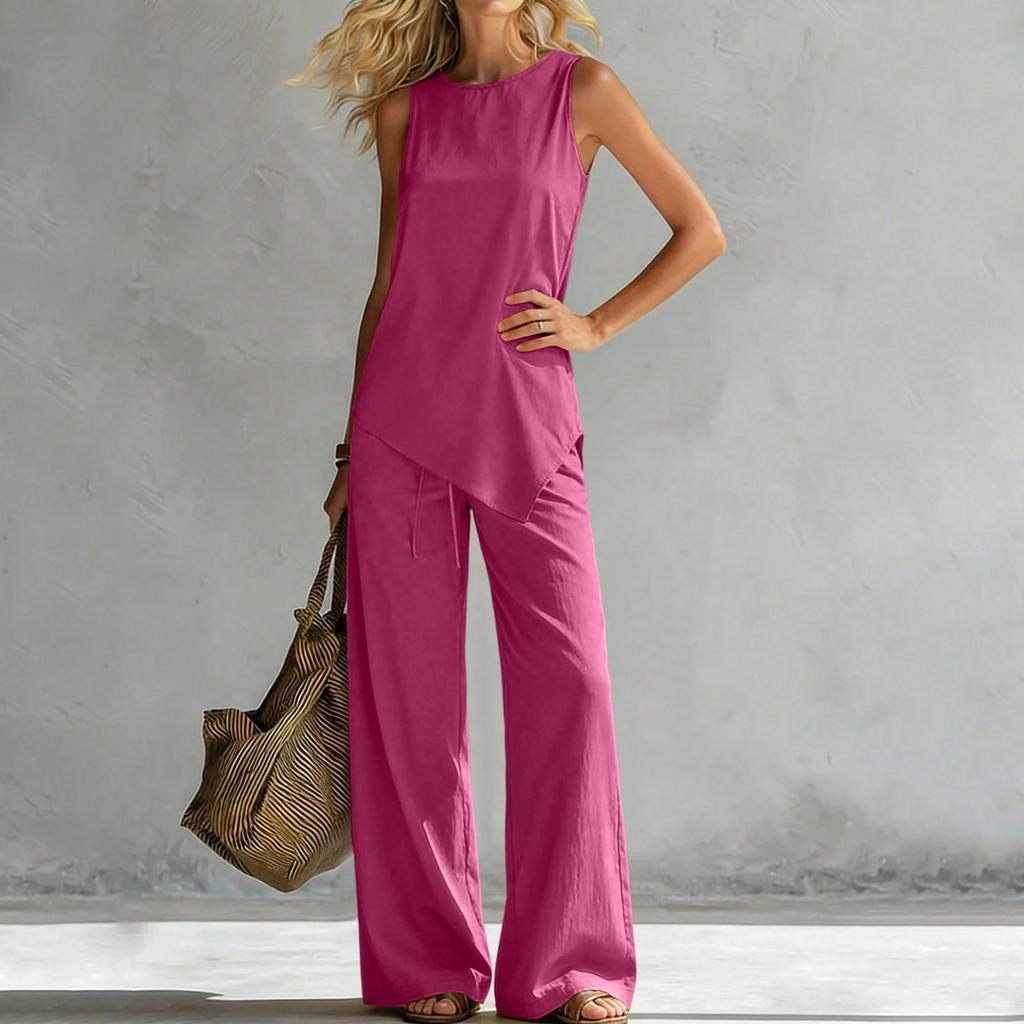 Women's Fashionable Loose Round-neck Vest With Asymmetric Hem Sleeveless Pullover Top High-waisted Wide-leg Pants Set