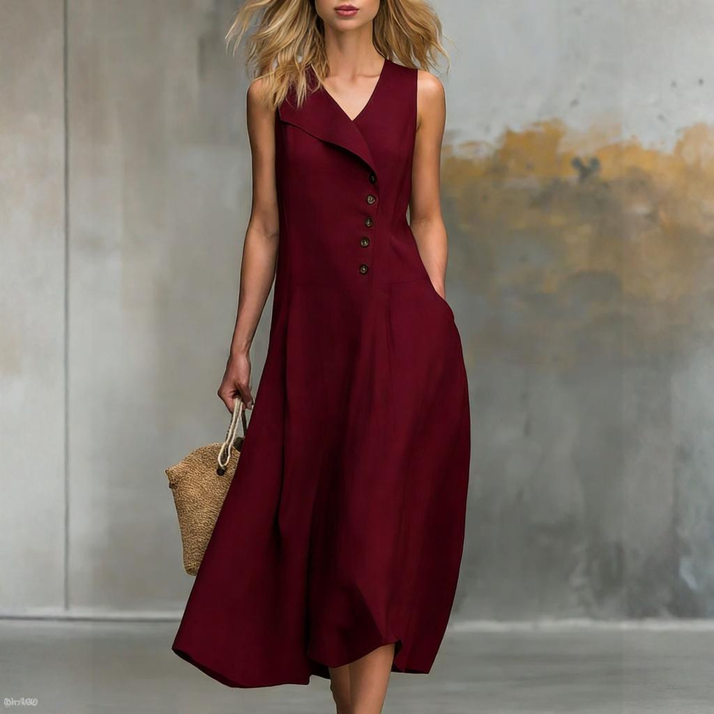 Ladies' Casual And Fashionable Lapel Button Closure Sleeveless Dress