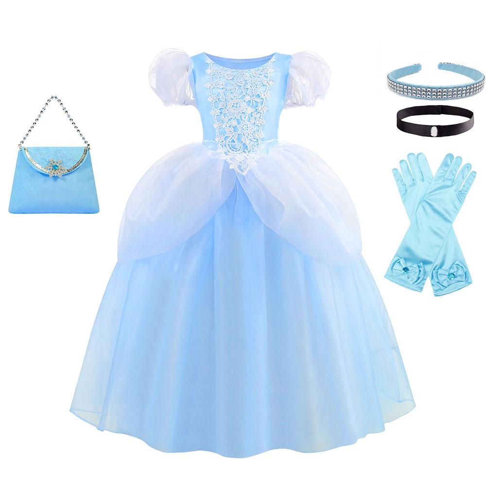 Classic Cendrillon Costume Deluxe Lace Dress Birthday Party Role Play Princess Pretend Fairy Tale Grace Ball Gown for Kids