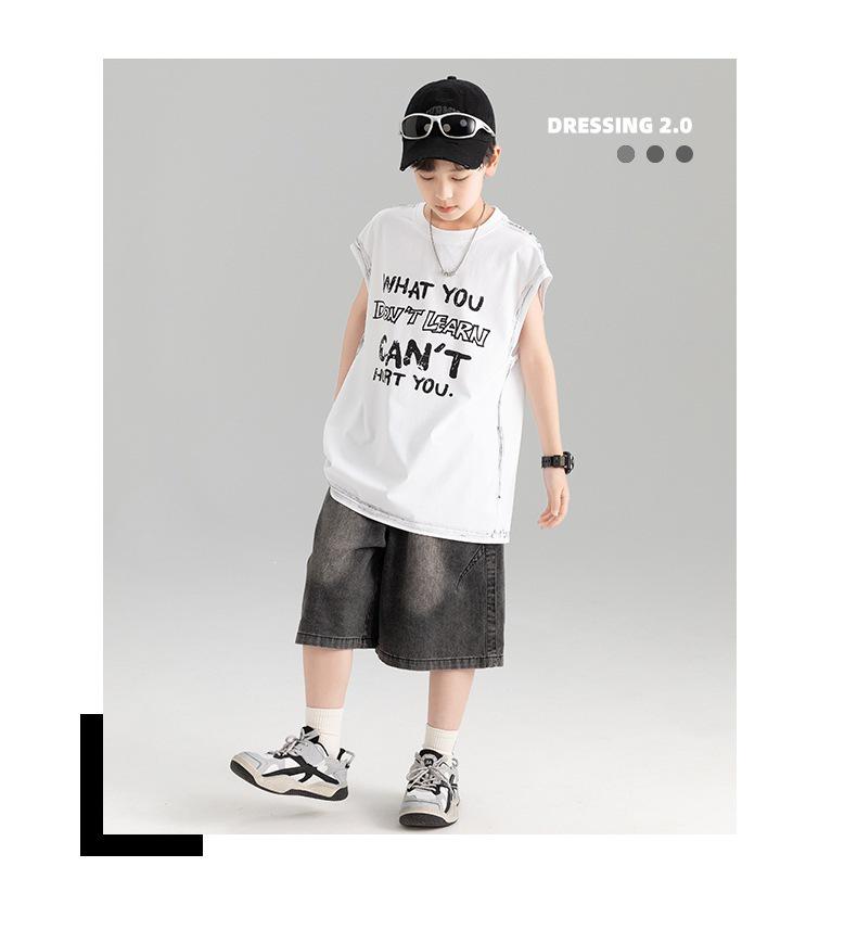 Boys' Trendy Sleeveless Set: Summer Thin Denim Bermuda Shorts & Spray Dye Print Vest T-shirt.