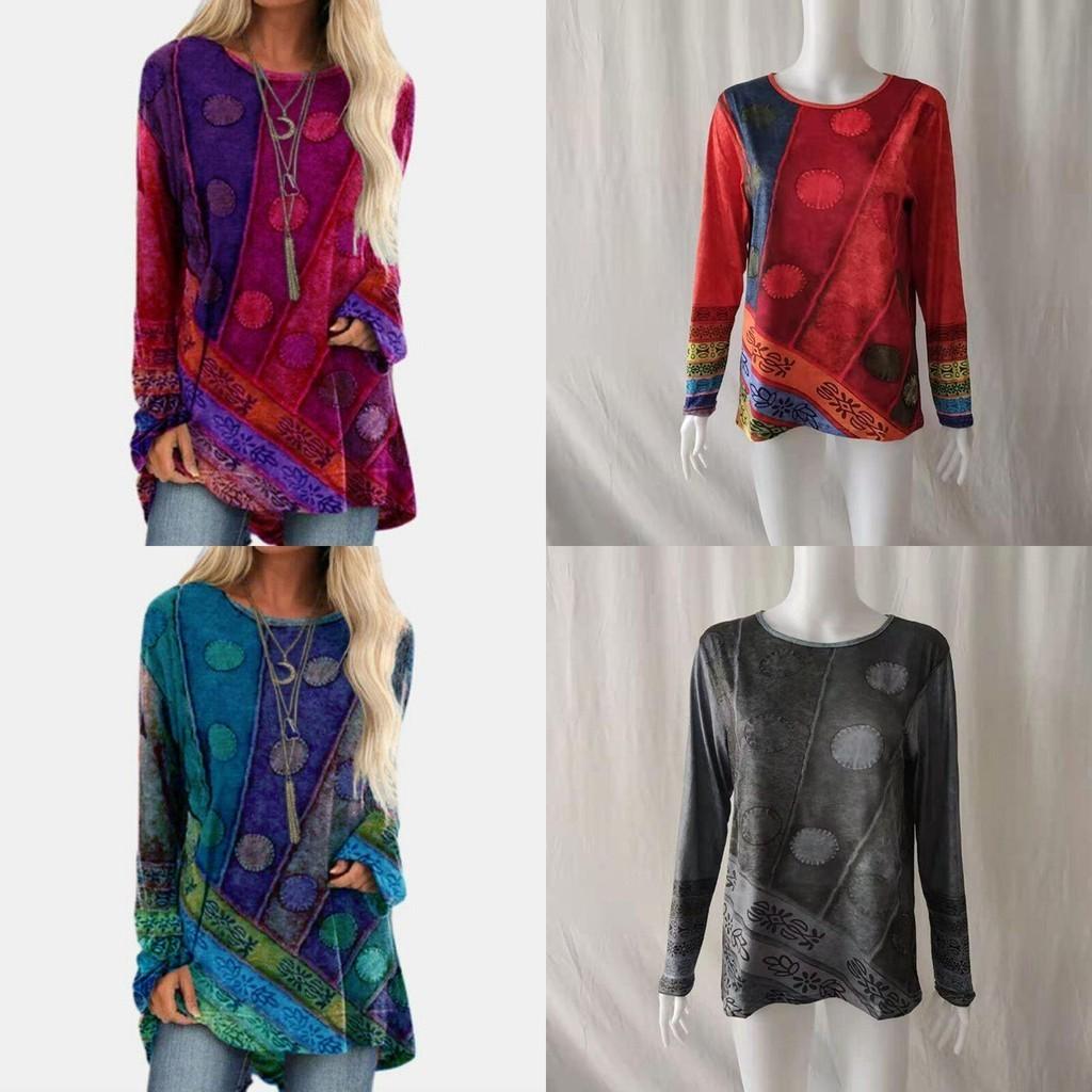 Dámské Hippie Boho Topy s Dlouhým Rukávem ve Velkých Velikostech z Měkkého Materiálu s Květinovým Vzorem