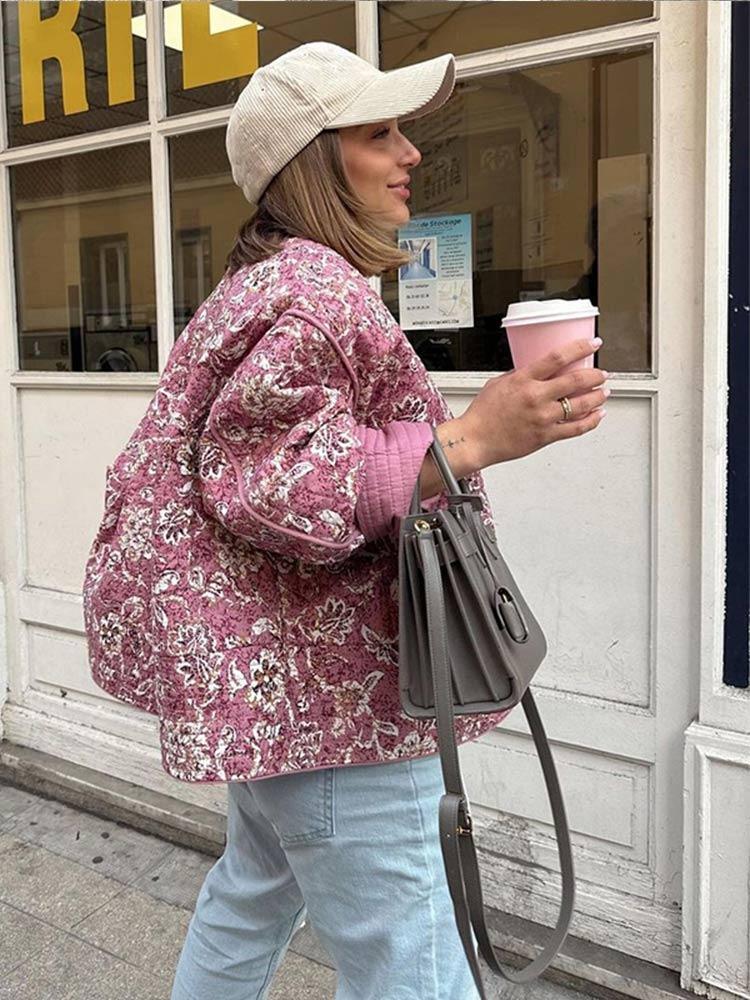 Fall Winter Fashion Female Casual Outerwear Vintage Korean Long Sleeve Jacket Floral Print Thickened Cotton Coat Quilted Stand Collar Loose