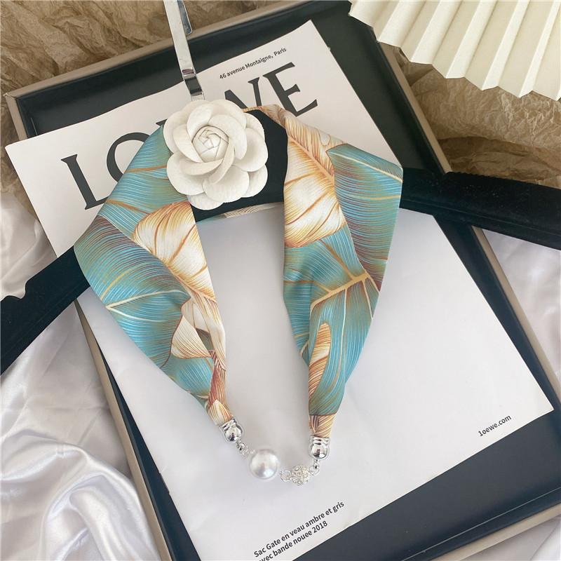 Luxury Design Magnetic Button Summer Silk Scarf Women Magnetic Pearl Necklace Scarves High End Matching Shirt Scarf Lady