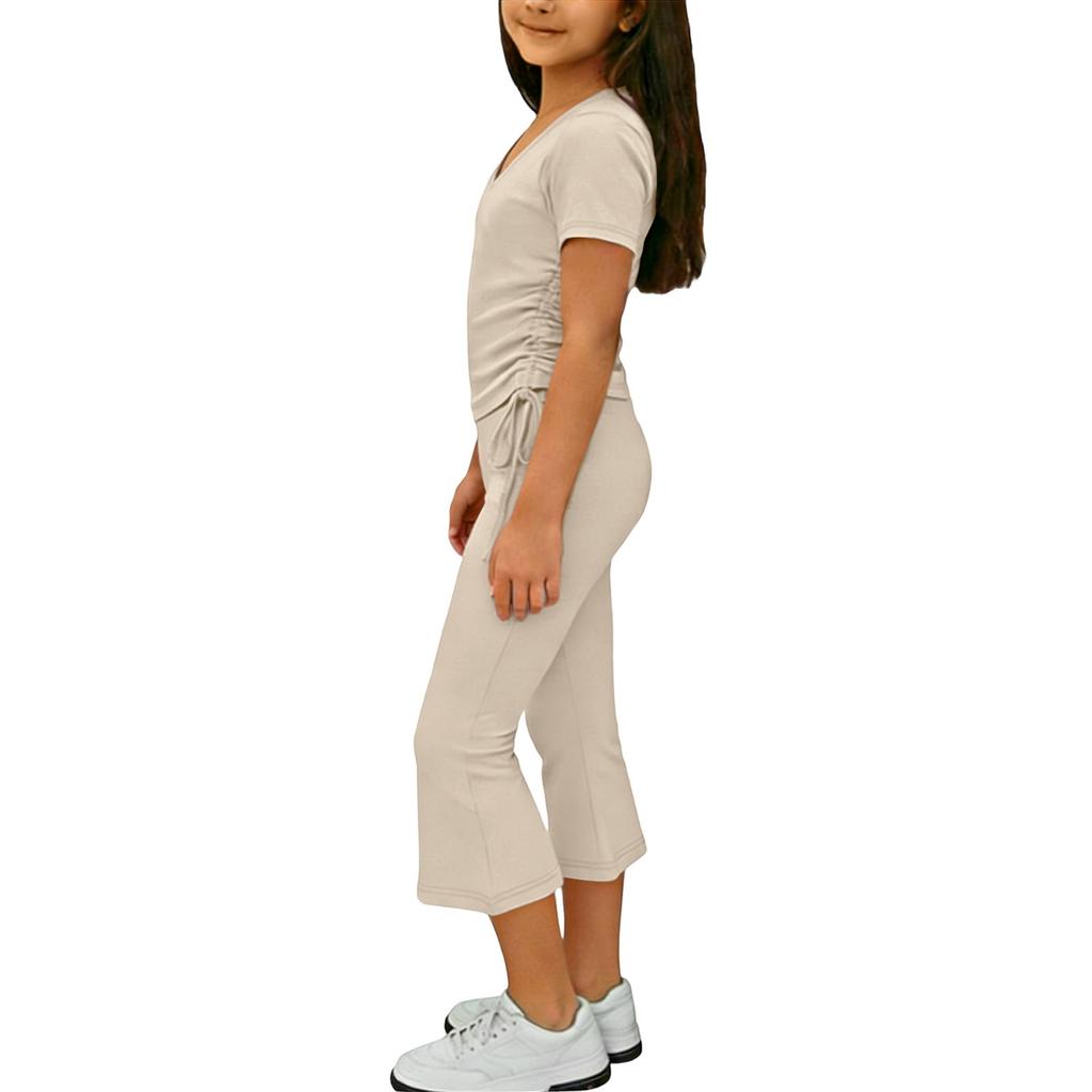 Girls Two Piece Outfit Short Sleeve Drawstring Top with Side Ruching and Flared Capri Pants Set Casual Wear for Kids