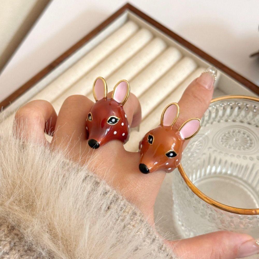 Opening Deer Drip Oil Ring Geometric Chunky Animal Ring Lovely Enamel Ring  Couple