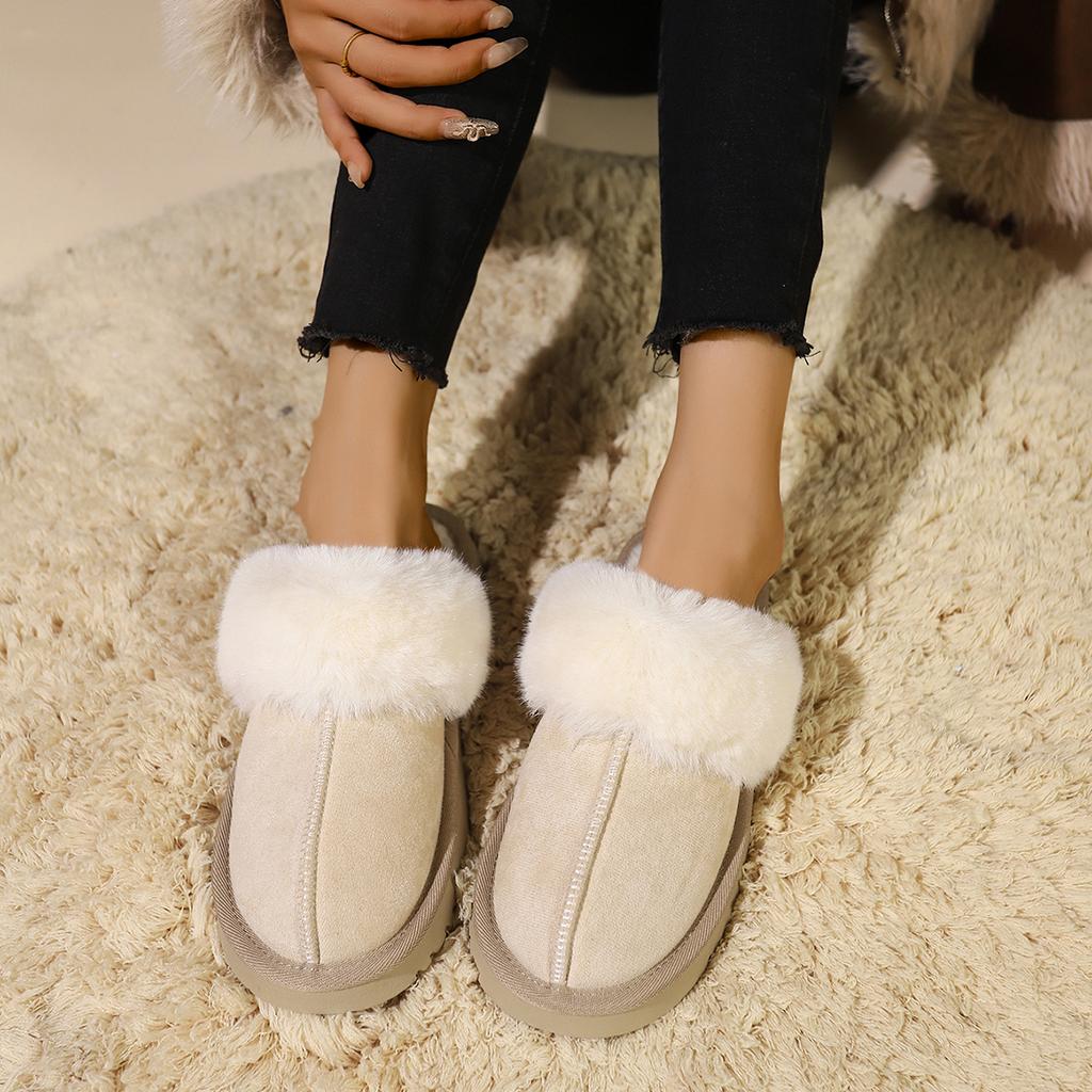 Fashion 2024 Winter Plush Low-top Thick-soled Fur Warm Women's Slippers Flat New Horseshoe Cotton Rubber Roman Toe-cap Slippers Traf