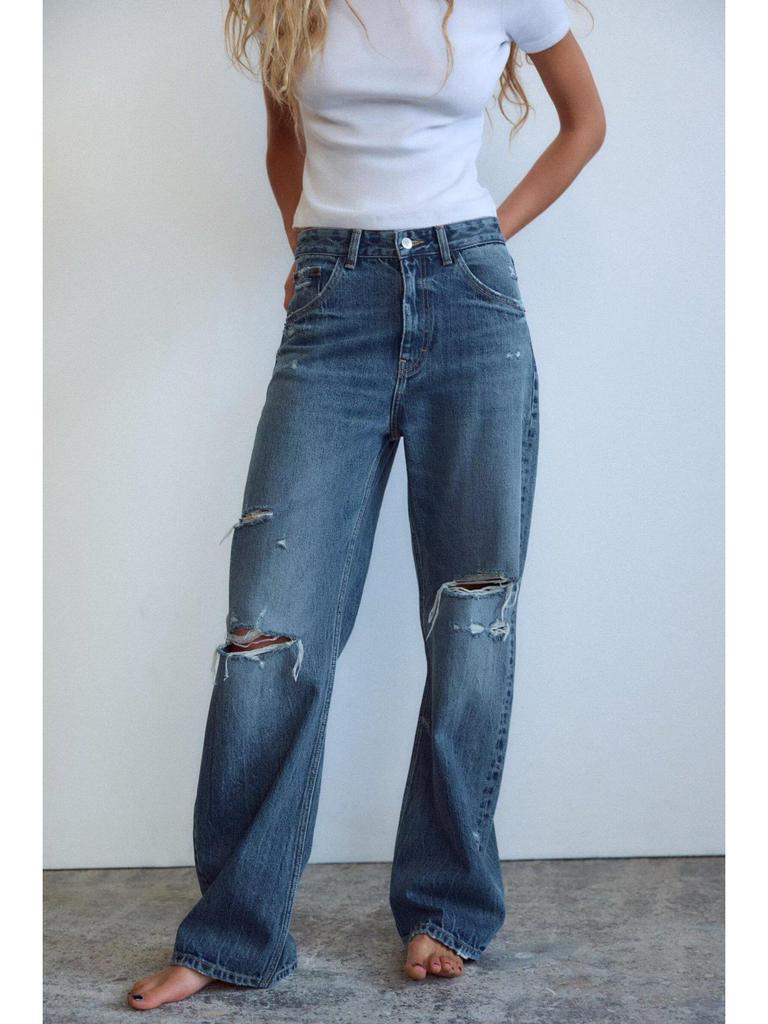 2025 Spring Women's High-Waist Ripped Denim Jeans: European & American Style
