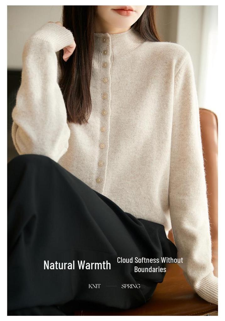 Women's Stand Collar Knit Cardigan with Sequin Yarn and Buttons - Long Sleeve, Versatile, Casual Loose-Fit Sweater Top
